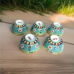 Set of 5 Vintage Chinese Mun Shou Longevity Rice Bowls Turquoise Hong Kong 4.5"